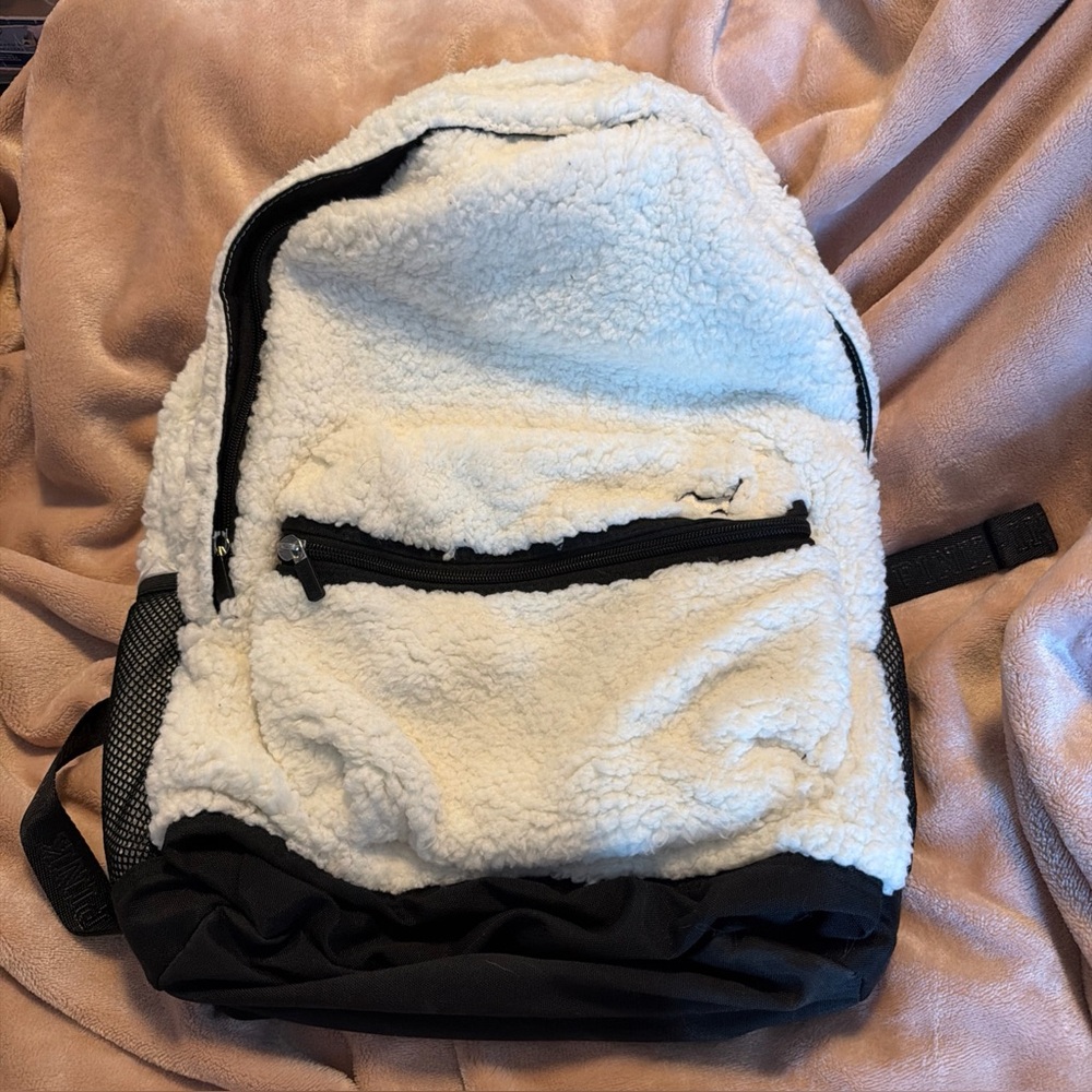 PINK Victoria's Secret White Sherpa Backpack with Black Trim